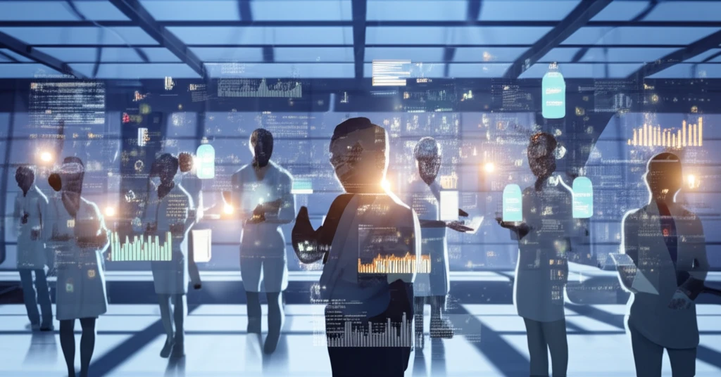 Diverse group of people examining glowing skincare products with floating scientific data visualizations.