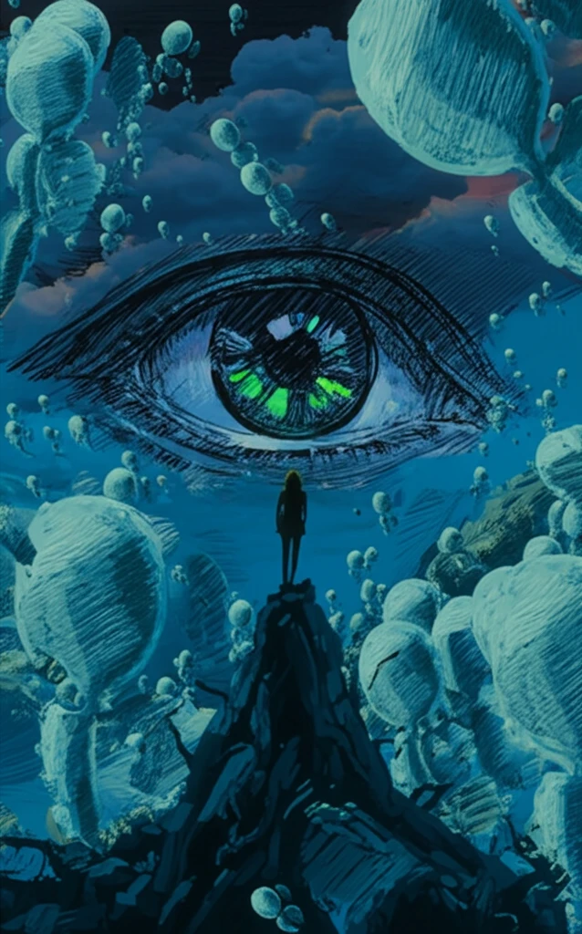An eye calmly oversees a field of prostate symbols, representing careful monitoring of prostate cancer.