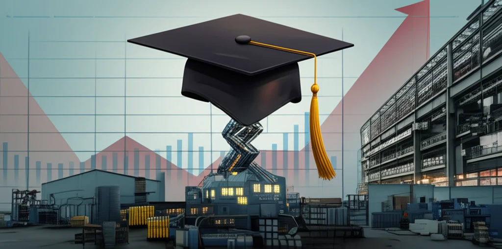 Factory turning into graduation cap showing trade shift