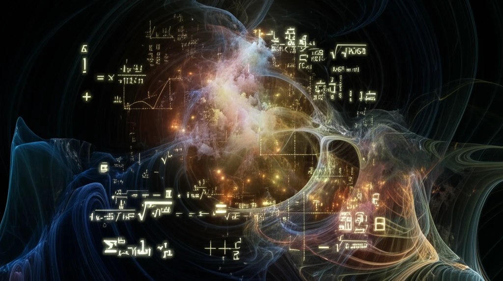 Abstract math symbols floating above a group of diverse adolescents.