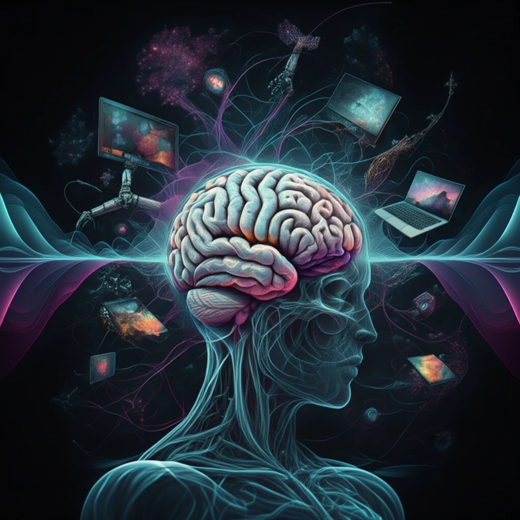 Brain emitting colorful waves connecting to devices, symbolizing personalized BCI control.