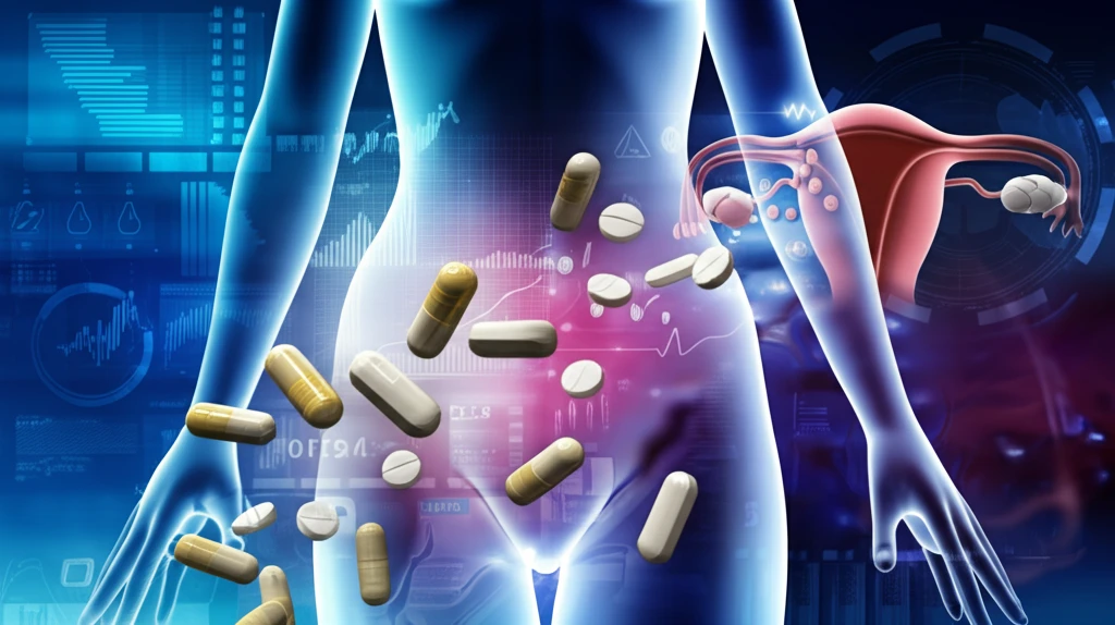 Abstract illustration of statin pills and the female reproductive system