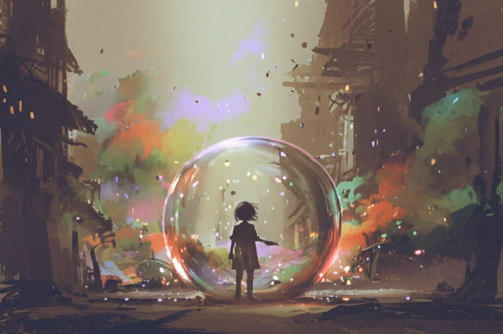A child protected from air pollution in a surreal urban landscape.