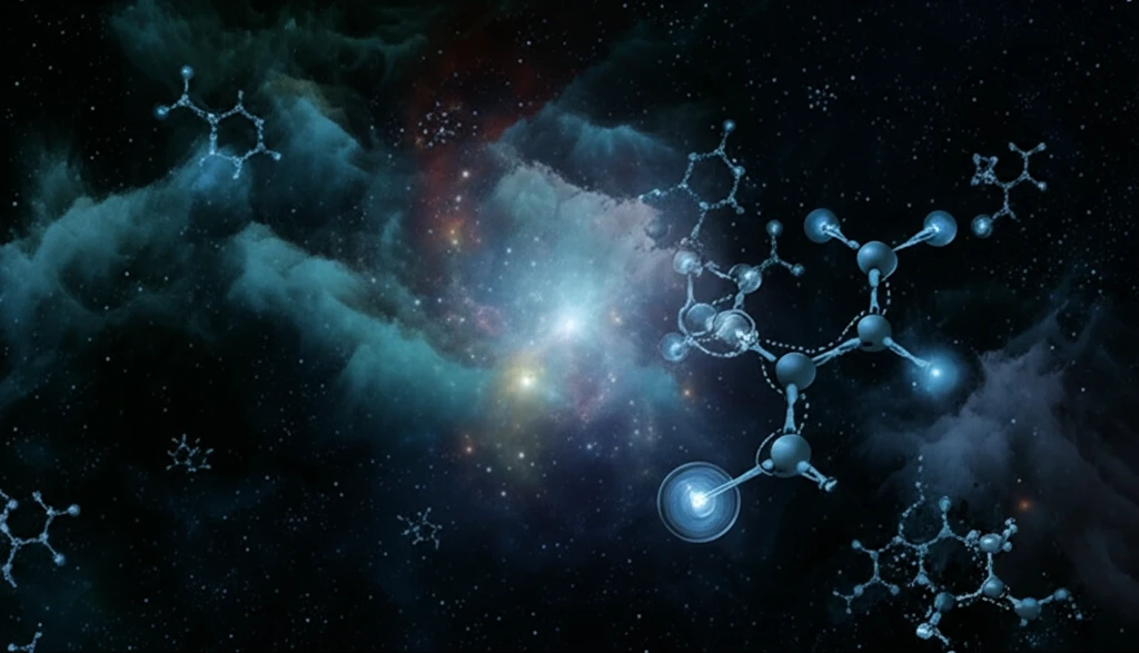 Molecular structures interconnected by energy flows in a nebula-filled space, symbolizing order relations and separability in quantum chemistry.