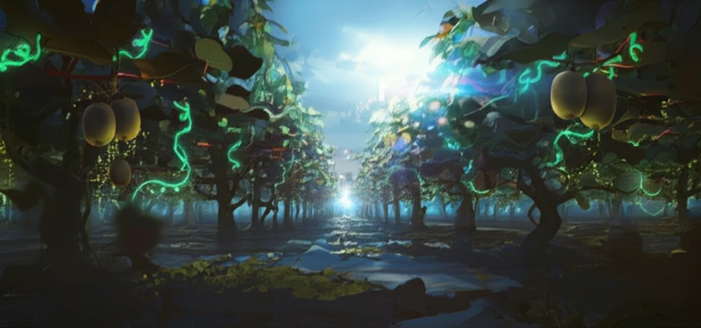 A glowing kiwifruit orchard protected by molecular strands, symbolizing scientific intervention in agriculture.