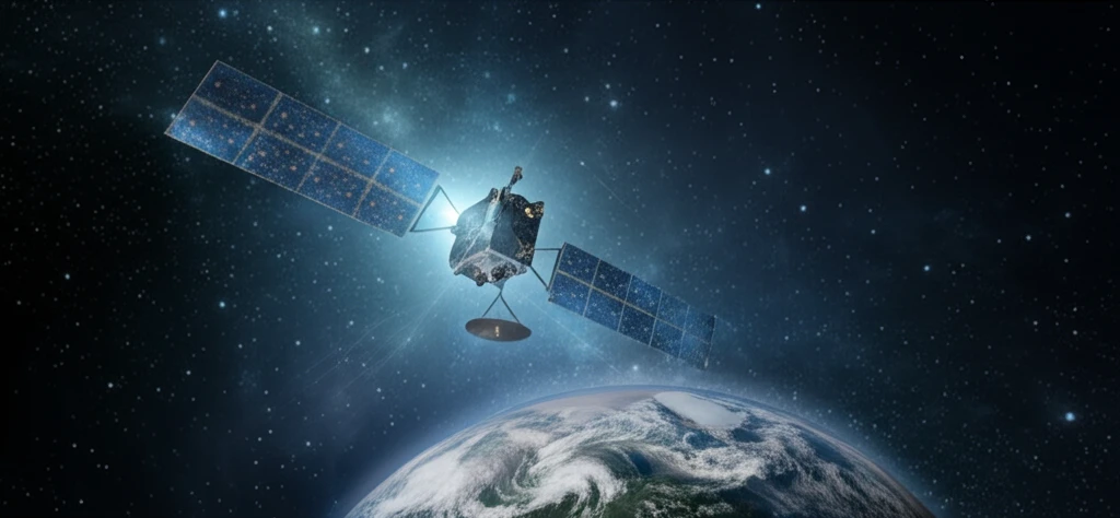 Surreal illustration of a satellite with error correction pathways in space.