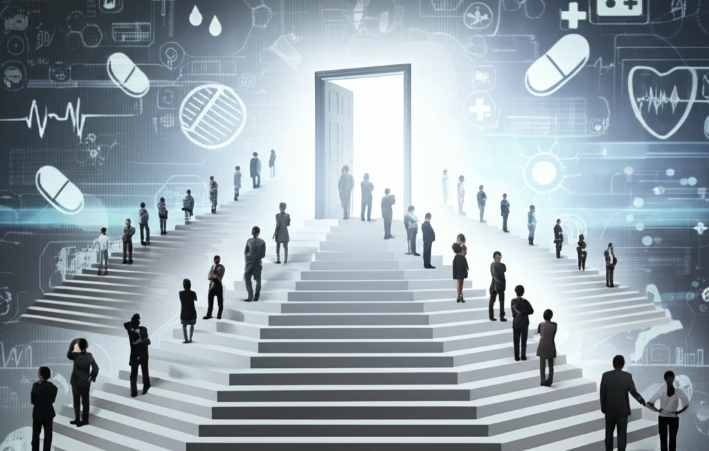 Diverse group of patients ascends a staircase of perspectives towards improved healthcare.