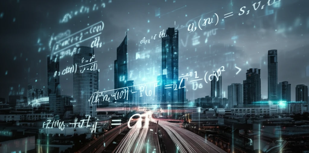 Surreal illustration of mathematical equation above cityscape representing advanced problem-solving.