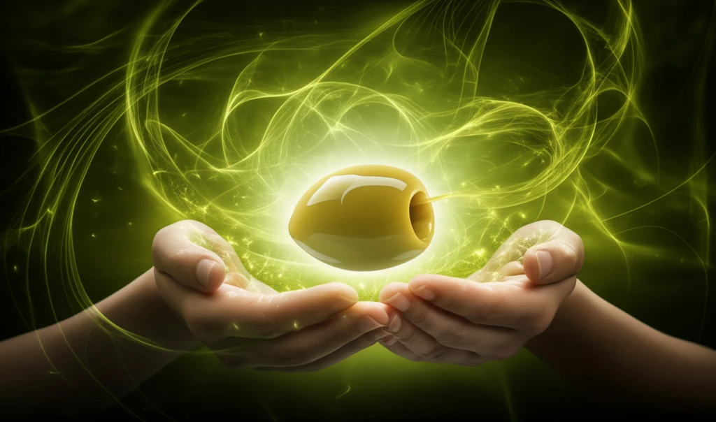Glowing olive stone cradled in hands, symbolizing health and sustainability.