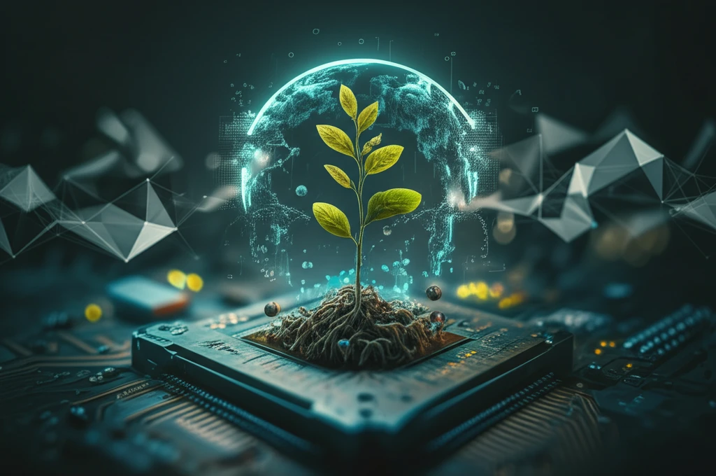 Seedling growing from circuit board representing startup growth