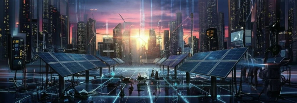 Futuristic cityscape powered by a vibrant, interconnected microgrid.