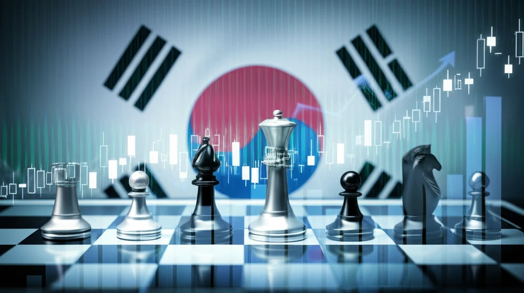 Chessboard stock market with Korean flag.