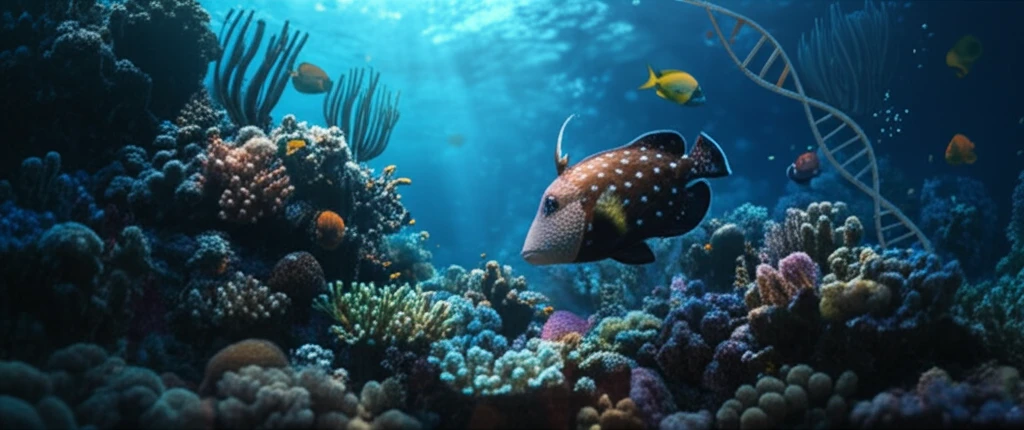 Vibrant coral reef with mottled spinefoot fish, symbolizing genetic conservation.