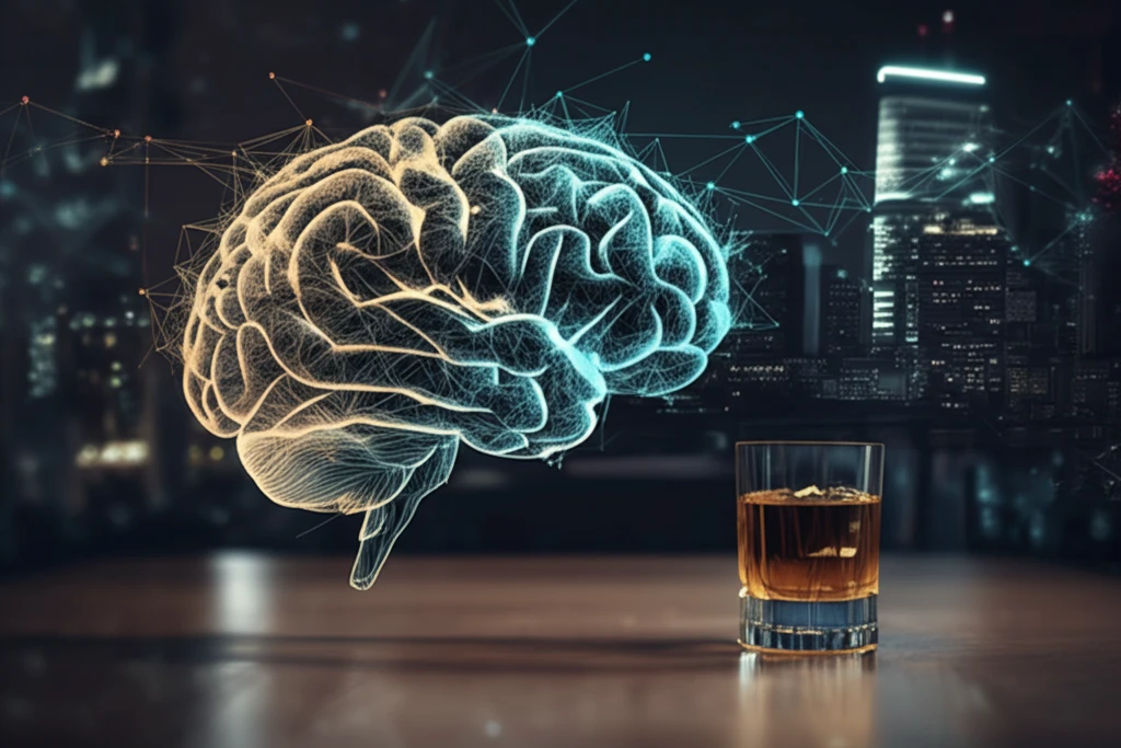 Abstract illustration of brain with fading pathways, shadowed by an alcoholic drink, symbolizing cognitive impact of alcohol on HIV.