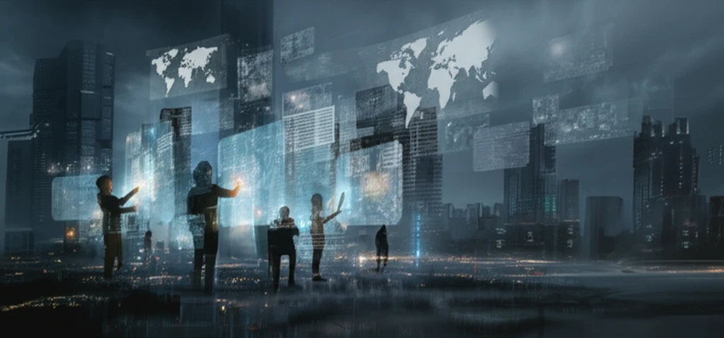 Futuristic cityscape with citizens interacting with holographic government interfaces.