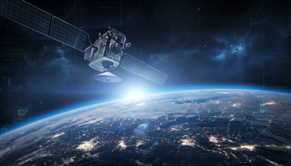Satellite capturing hyperspectral data of Earth, processed by AI for target detection.