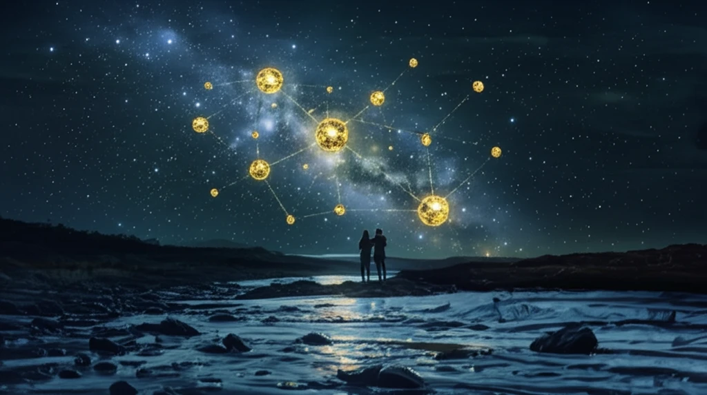 Gold atoms as stars, couple watching catalytic river