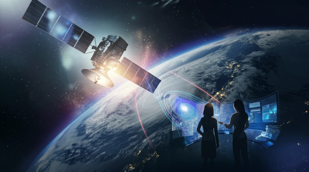 Satellite over a hurricane, glowing with frequencies, representing forecasting technology.