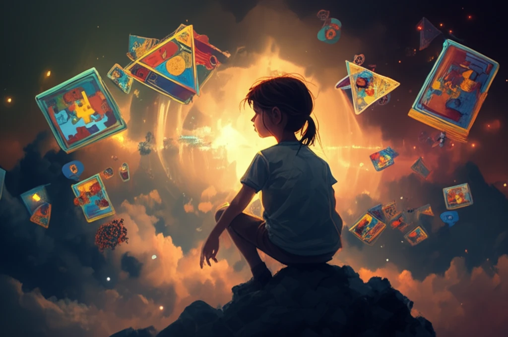 Child with autism interacting with abstract shapes representing psychomotor skills.