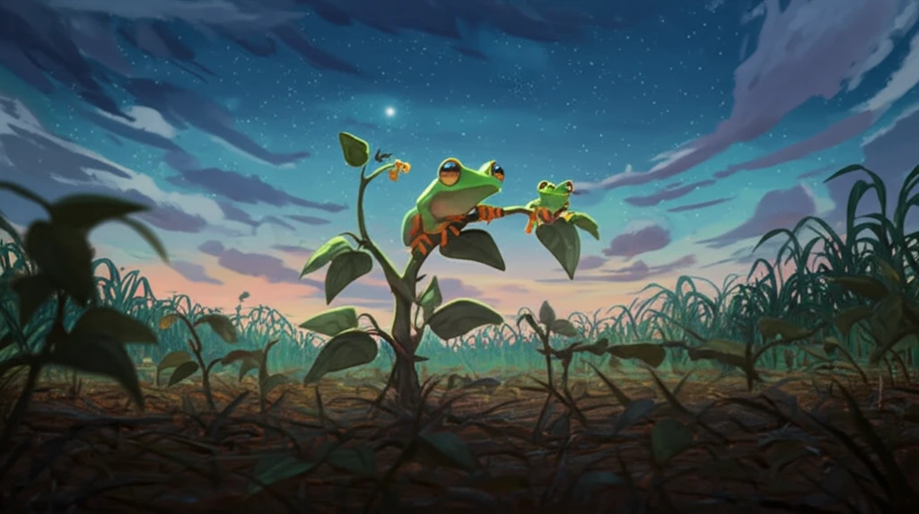 Tree frog on soybean plant in Goiás, Brazil, symbolizing frog diversity in agricultural areas.