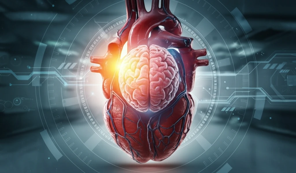 Stylized human brain within a healthy aortic arch, symbolizing cerebral perfusion and brain protection.