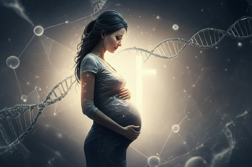 Pregnant woman with DNA and cross background representing prenatal choices.