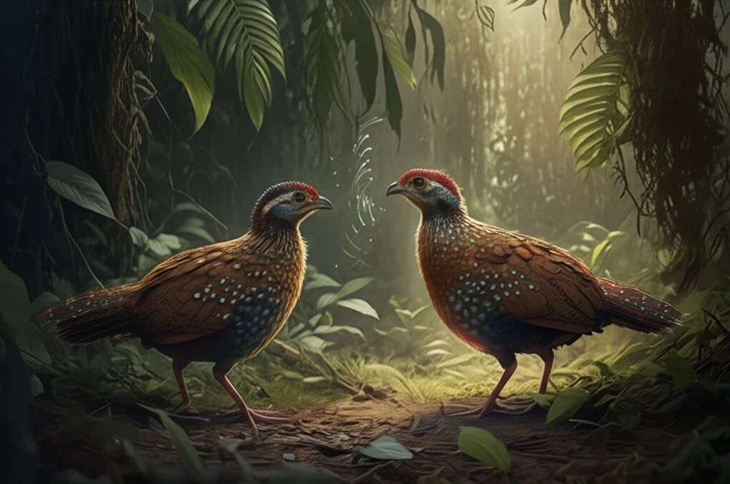 Illustration of Rusty Tinamous duetting in the Amazon rainforest