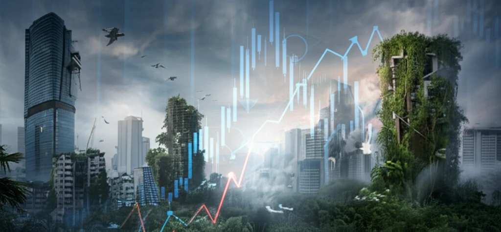 Cityscape blending industrial structures with greenery, symbolizing balance between pollution and recovery.