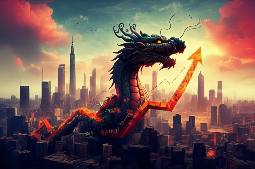 ICBC Dragon: A stylized Chinese dragon made of financial charts soaring above the Shanghai skyline.