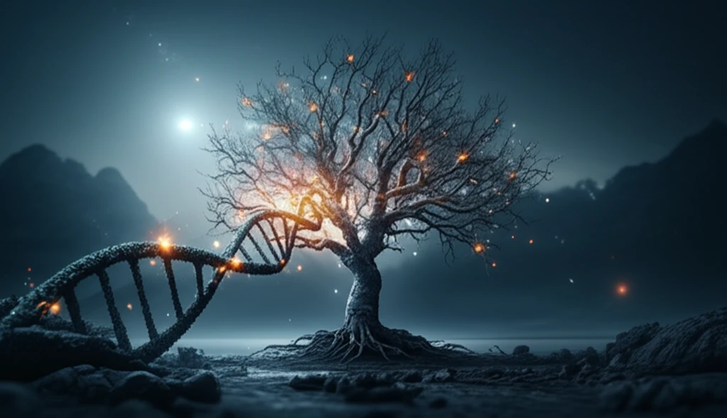 DNA helix transforming into a tree, symbolizing personalized health insights.