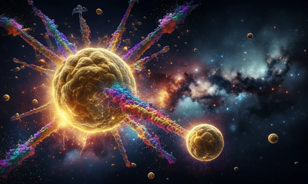 Illustration of colliding gold nuclei, symbolizing heavy ion collisions and nucleon shadowing.
