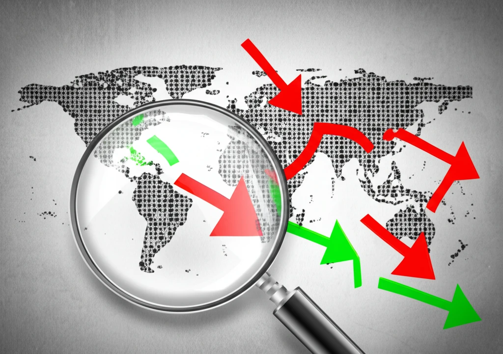 Fragmented world map showing population trends with a magnifying glass hovering over it.