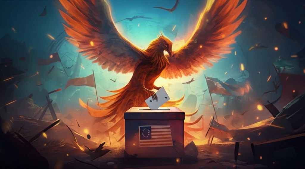 Phoenix rising from ballot box, symbolizing post-conflict transition.