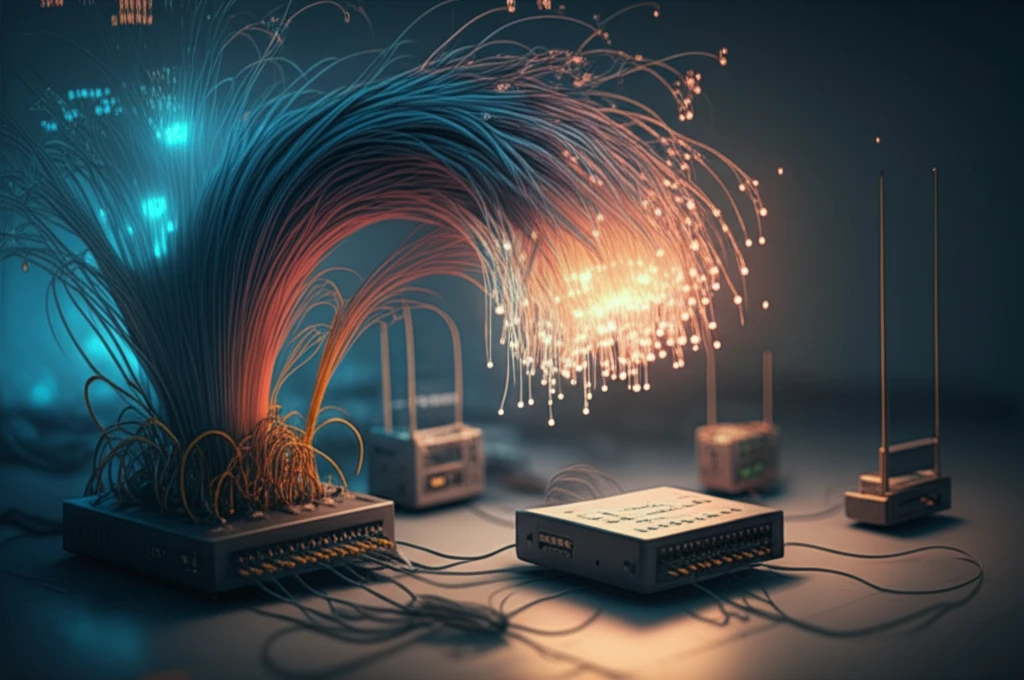 Futuristic illustration of fiber optic network with glowing ONUs and a central OLT.