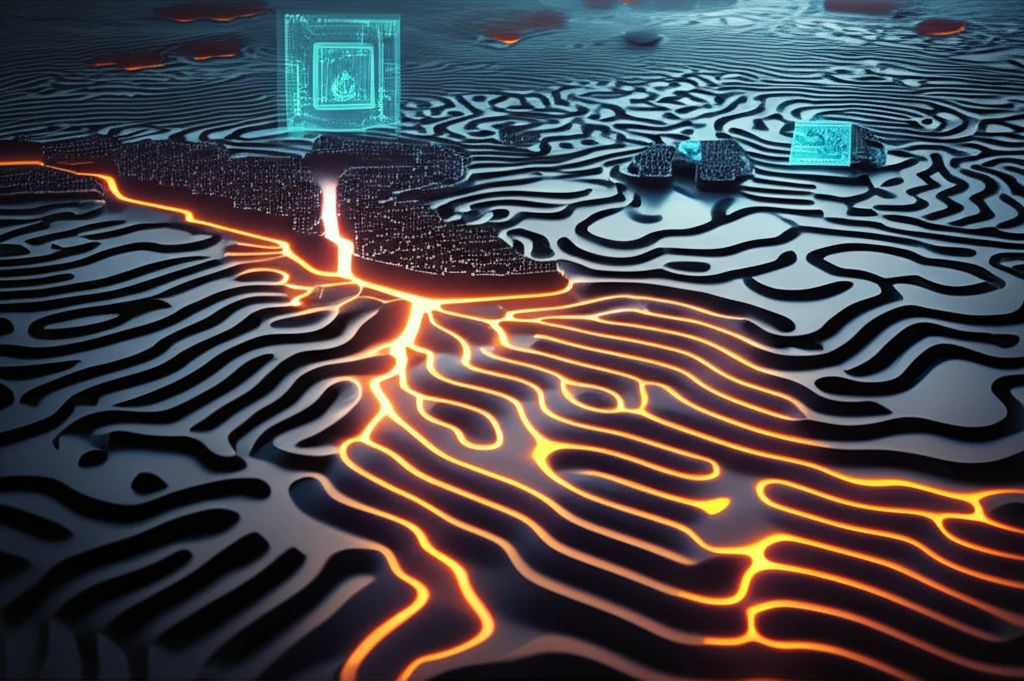Microscopic view of Permalloy thin film with glowing pathways representing domain walls and chaotic disruption showing walker breakdown, symbolizes tech applications in the background.