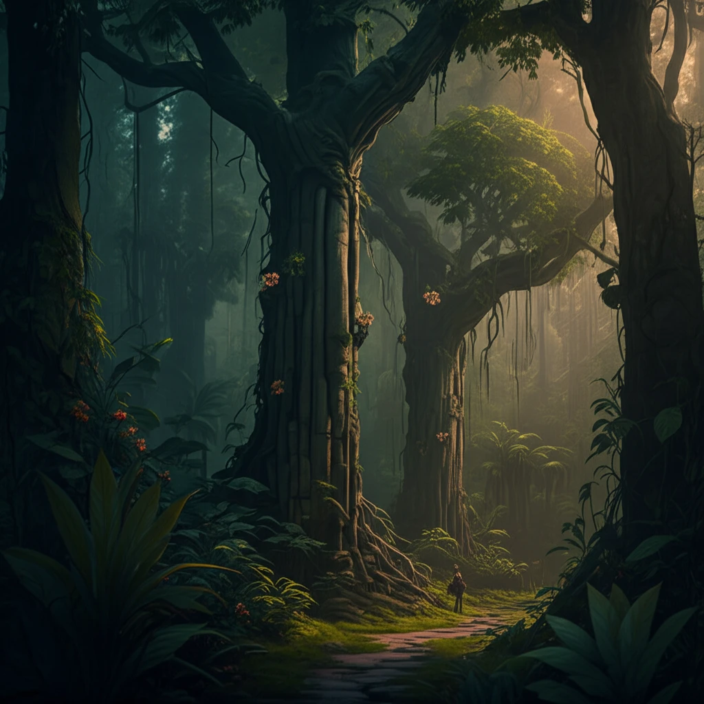 Lush West African forest with glowing Cola millenii trees