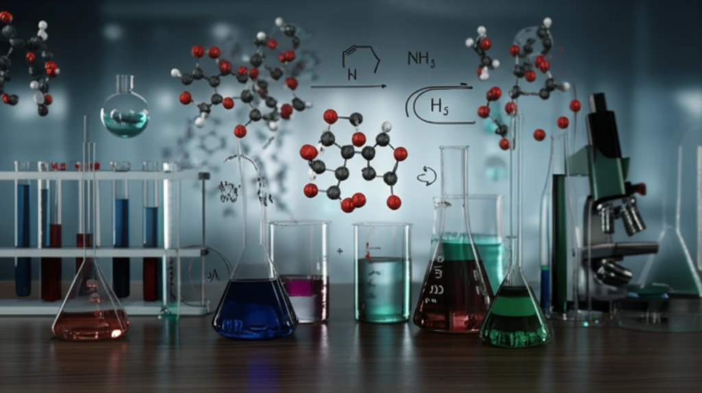 Molecular structures intertwining with chemical laboratory equipment symbolizing functional group transfer.