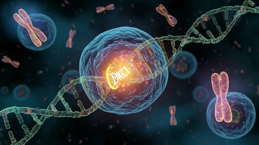 Surreal illustration of a cell nucleus with glowing chromosomes and a DNA strand highlighting the DKC1 gene.