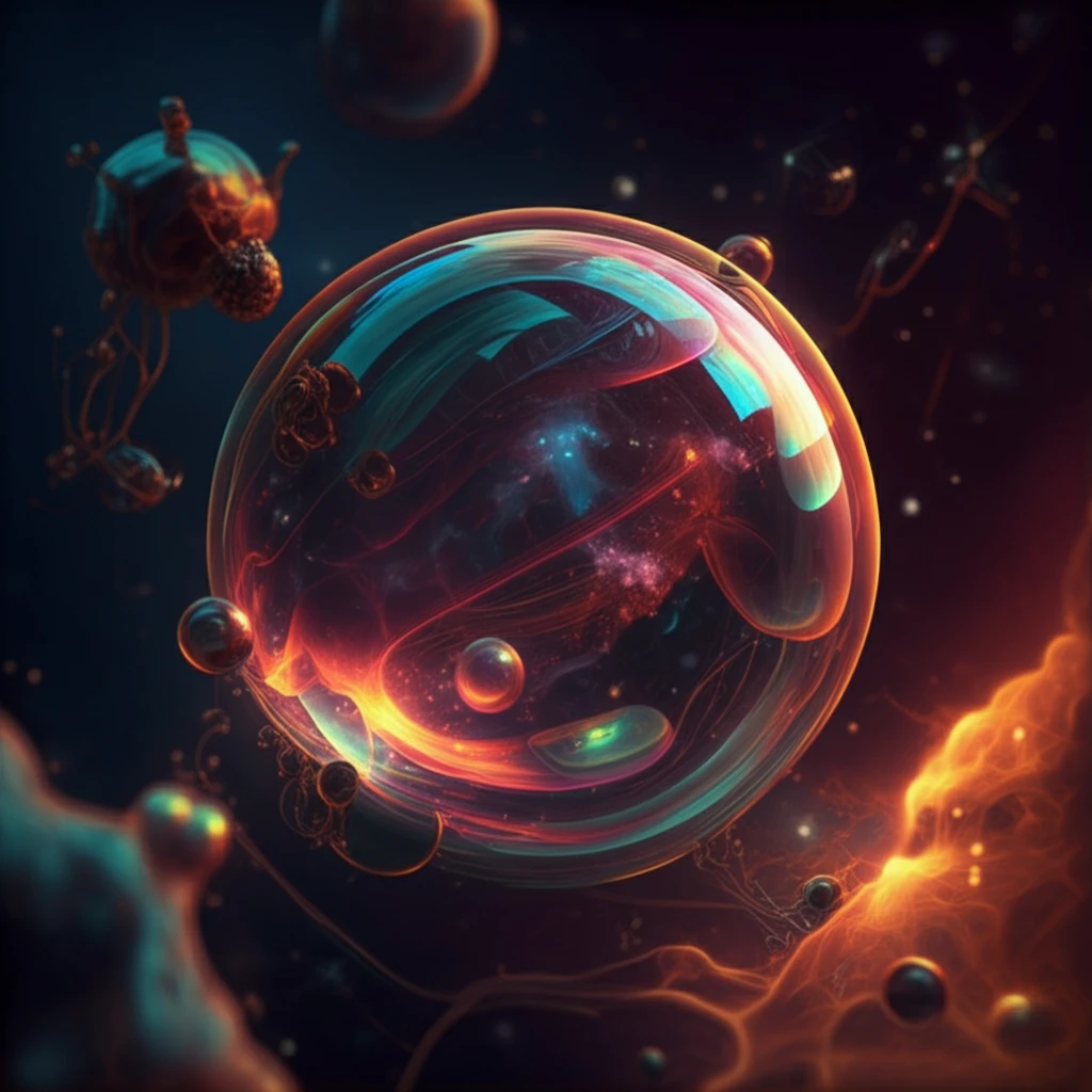 Iridescent bubble against a cosmic backdrop representing chiral asymmetry in the early universe.