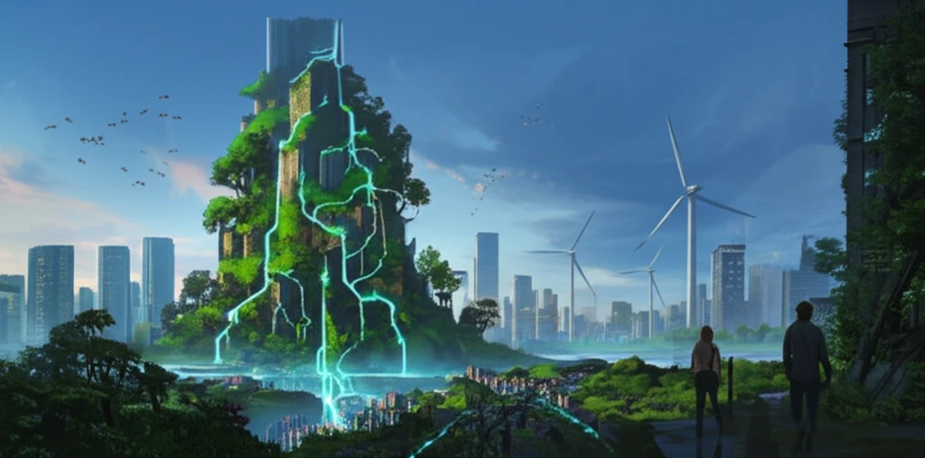 Sustainable cityscape powered by green energy networks.