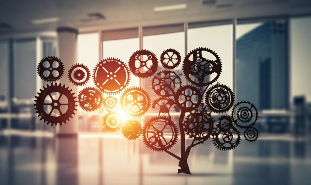 Interconnected gears forming a tree, symbolizing business growth through efficiency.