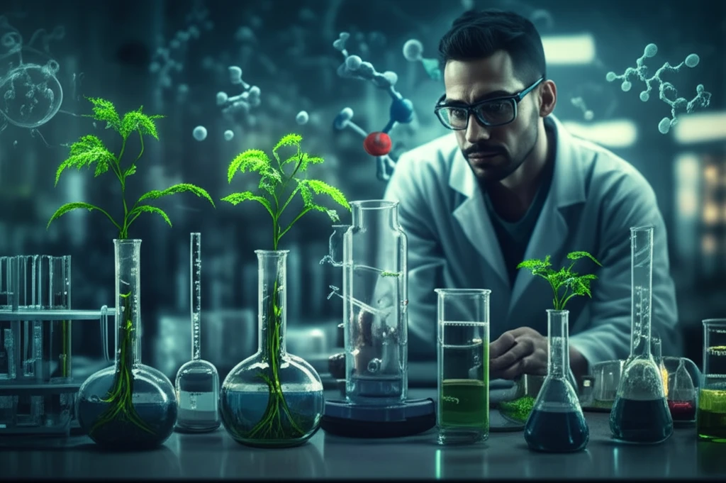 A lab filled with green plants growing out of beakers, symbolizing green chemistry and sustainable innovation.