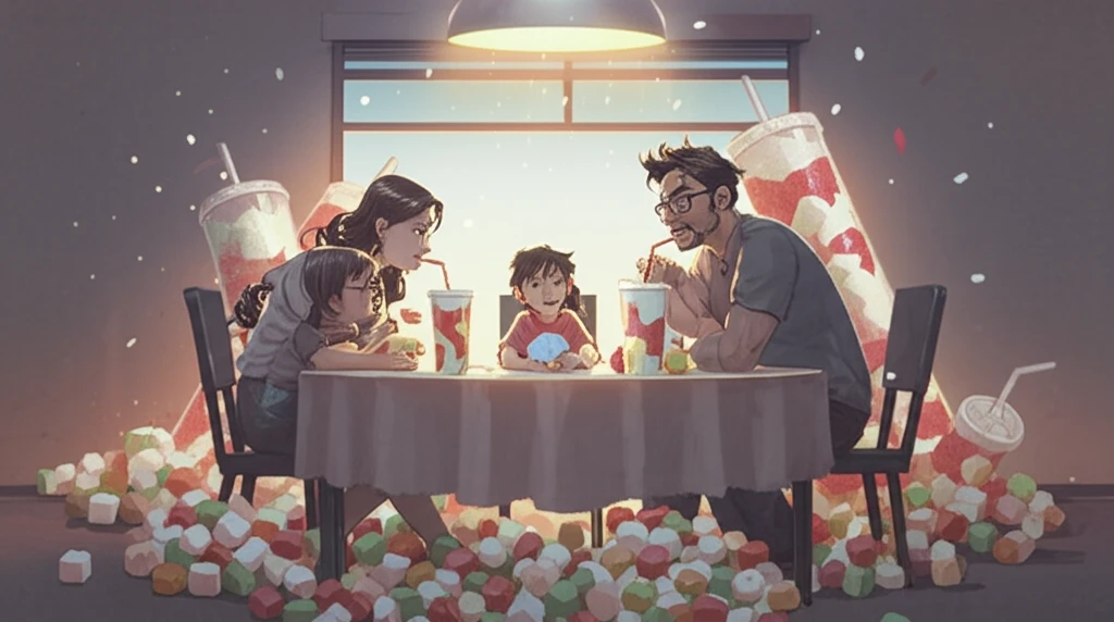 Family surrounding by soft drinks