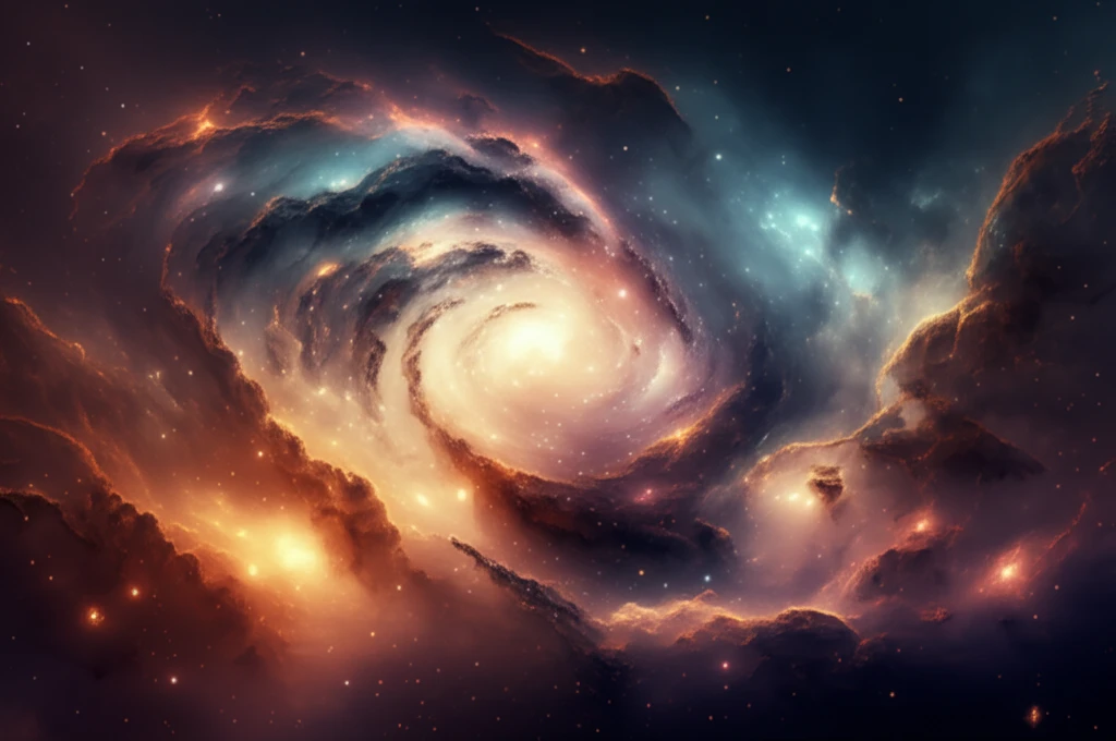 A surreal illustration of a spiral galaxy with swirling gas clouds and bright, newborn stars.