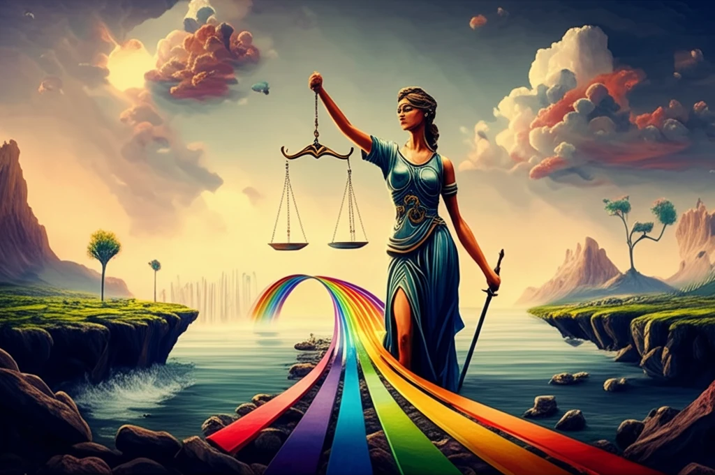 Rainbow bridge connecting diverse landscapes, symbolizing same-sex union under Lady Justice.