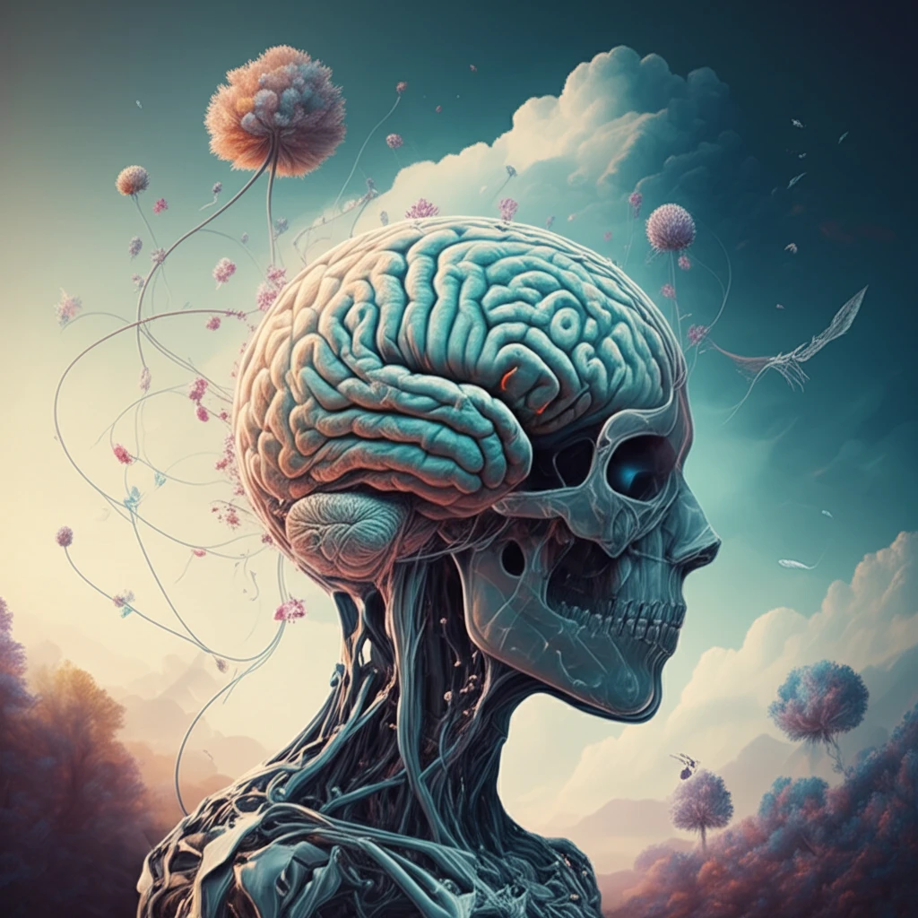 Brain with fading pathways transforming into blooming flowers, symbolizing mental health and resilience in MS.