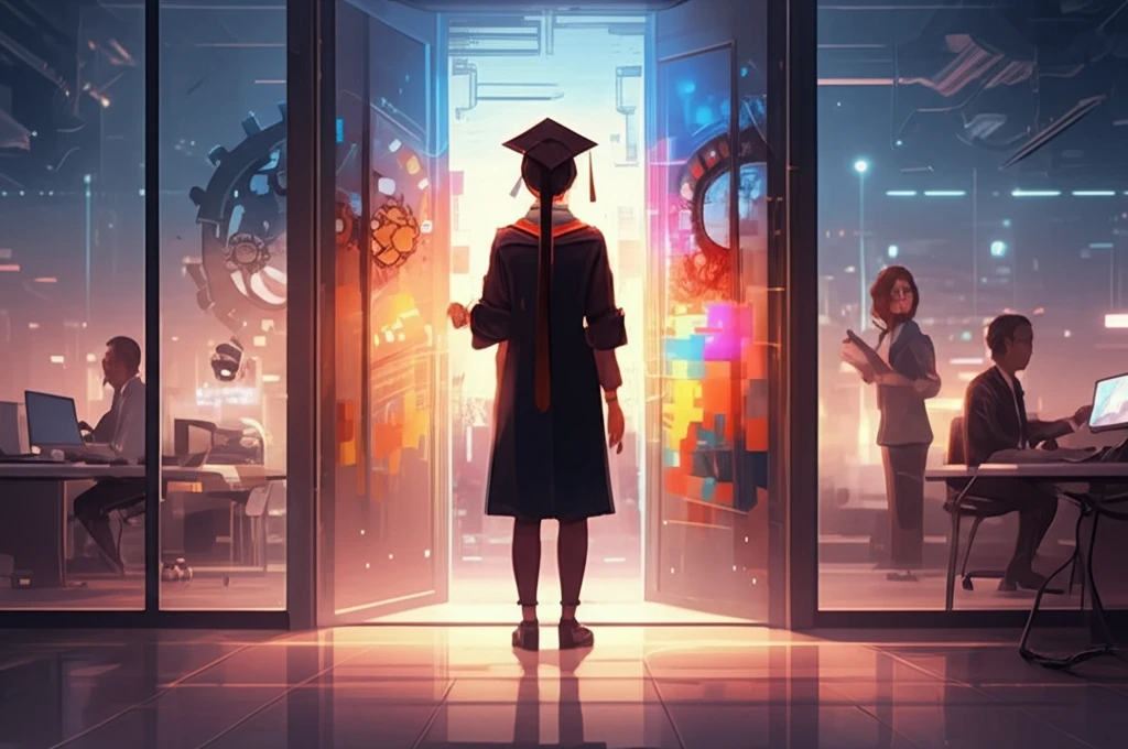 Autistic graduate unlocking door to inclusive office.