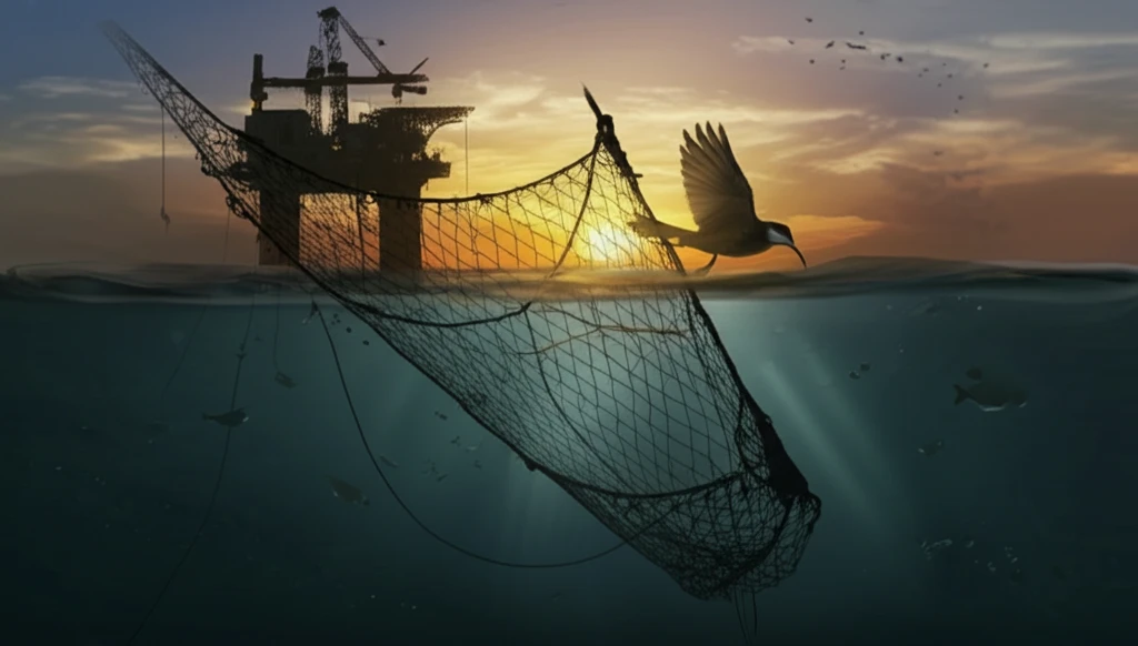 Migratory bird entangled in fishing net near oil rig