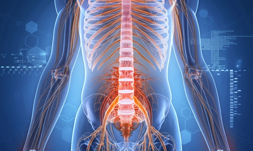Digital illustration of a human spine with intricate nerves and tissue, representing osteolipomas.