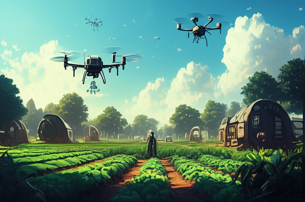 Futuristic farm with drones monitoring healthy crops.
